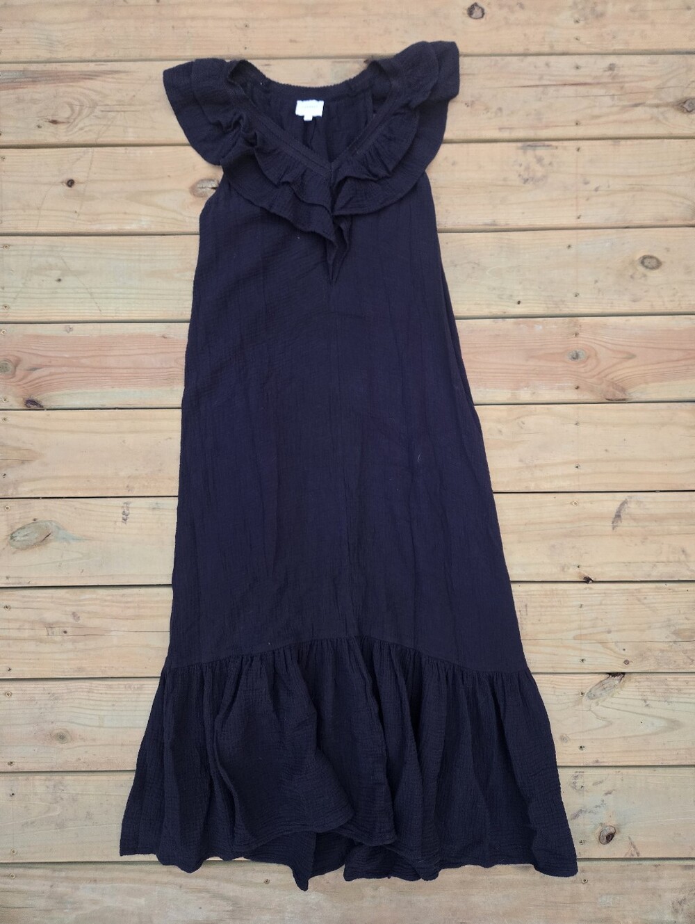 Ruffled V-Neck Maxi Dress in Deep Navy Cotton - Sz M